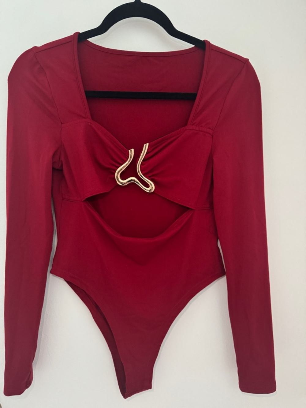 Red Long-Sleeve Bodysuit with Gold Accent